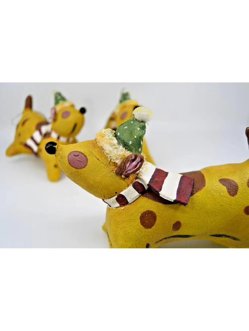 VTG Fabric Mache Christmas Ornament Spotted Dog Pup Scarf Hat Painted Hard Plush